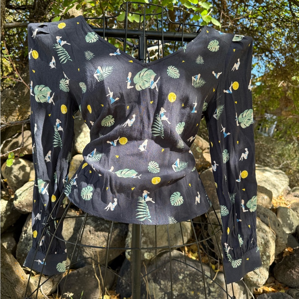 FRNCH Dark Blue Printed Blouse with Leaf’s and Ladies in Bathing Suits